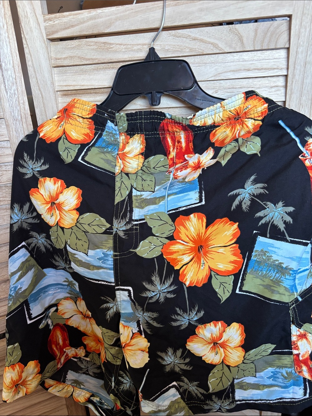 Mens sand and Sun black swim trunks with Orange Floral Print Large